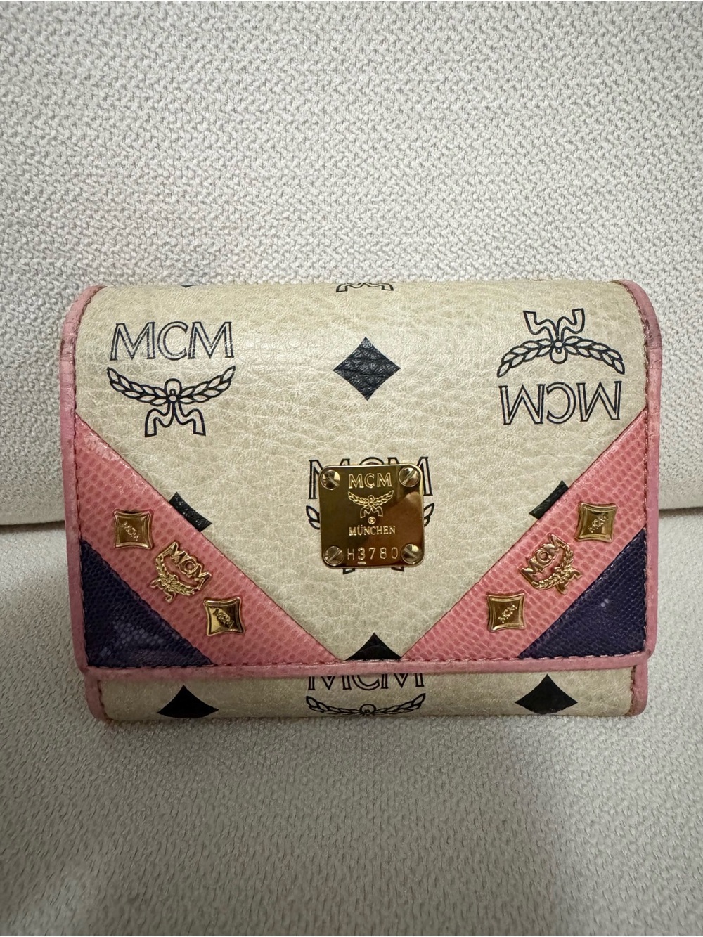 Vintage MCM Visetos Trifold Wallet — Pink & Purple Colorblock